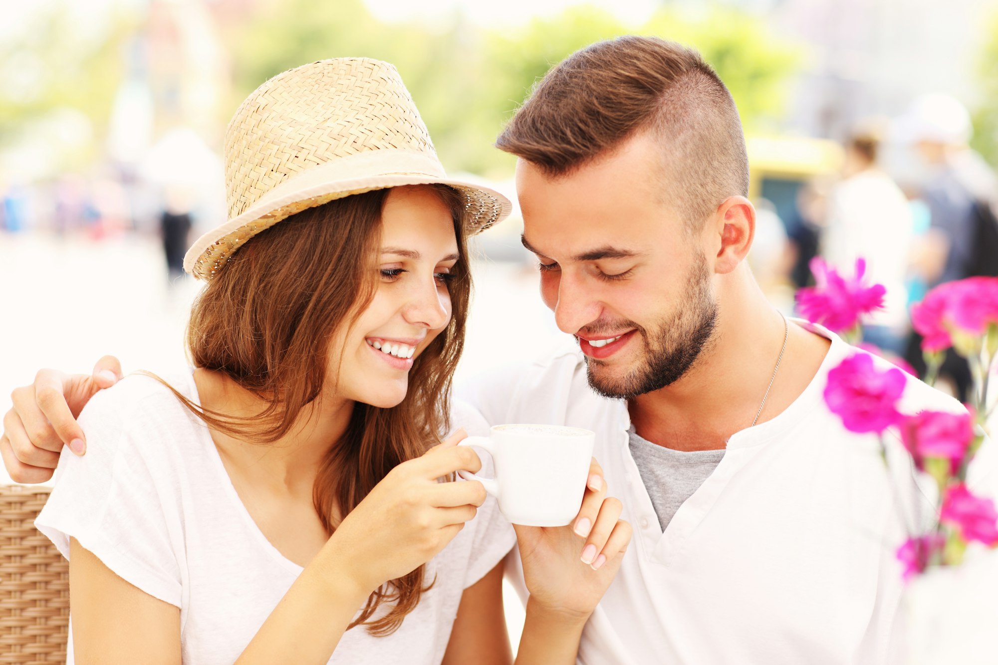 Happy couple drinking coffee